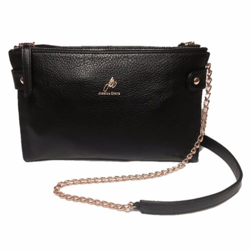 A black purse with gold chain strap.