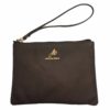 A brown leather purse with a gold logo.