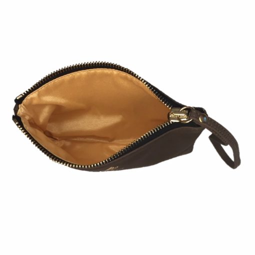 A brown leather purse with a zipper.