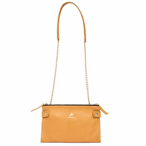 A tan purse with gold chain strap.
