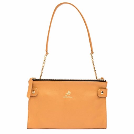 A tan leather purse with gold chain strap.