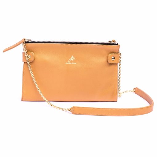 A tan leather purse with gold chain strap.