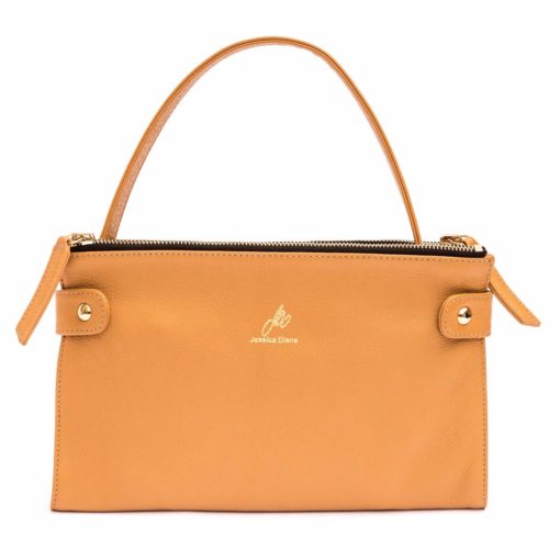 A tan purse with a handle and two compartments.