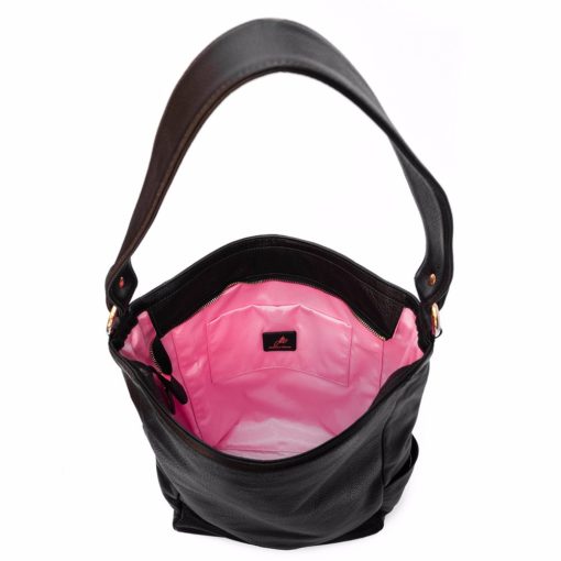 A black bag with pink lining and a handle.