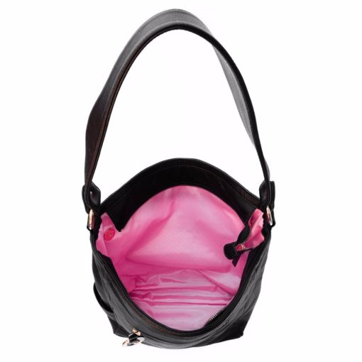 A black purse with pink lining and a pink interior.