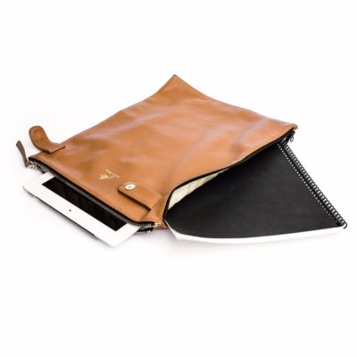 A tablet is sitting on top of the brown leather case.