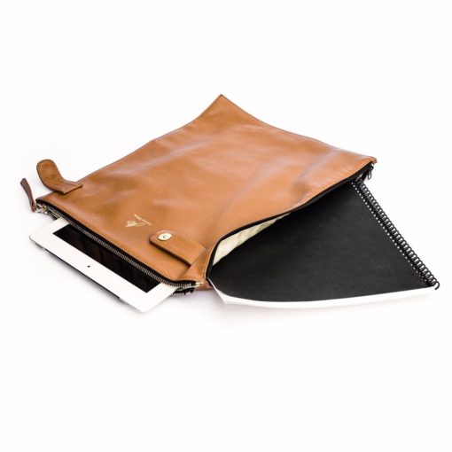 A tablet is sitting on top of the brown leather case.