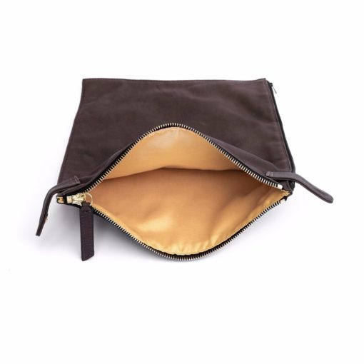 A brown bag with an open compartment.