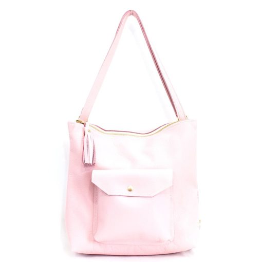 A pink purse is shown with the front pocket open.
