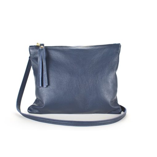 A blue purse is shown with a strap.
