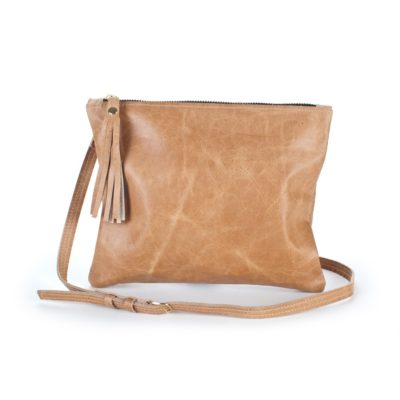 A tan leather purse with a strap.