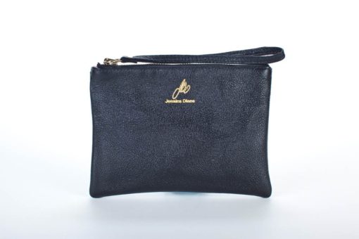 A black leather purse with a gold logo.