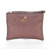 A brown leather purse with gold lettering on it.