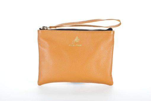 A tan leather purse with a wrist strap.
