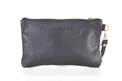 A black leather purse with two zippers on the side.