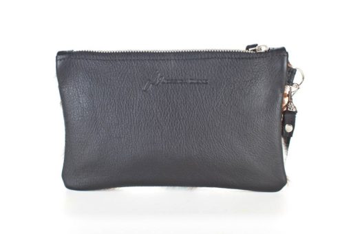A black leather purse with two zippers.