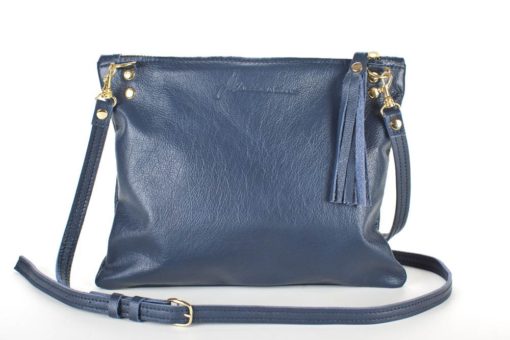 A blue leather purse with a strap and tassels.