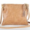 A tan leather purse with a long strap.