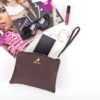 A brown purse sitting on top of a table.