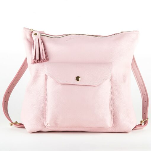 A pink purse with a tassel on the front.