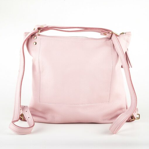 A pink bag is shown with a strap.
