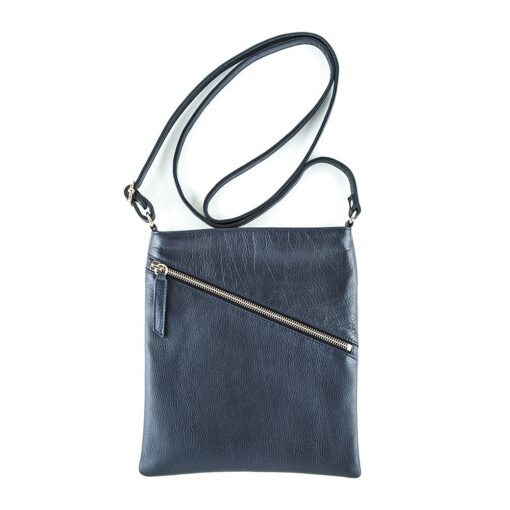 A blue crossbody bag with a gold zipper.