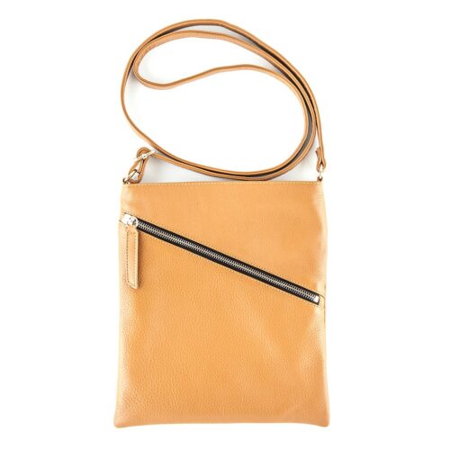 A tan leather purse with a black zipper.