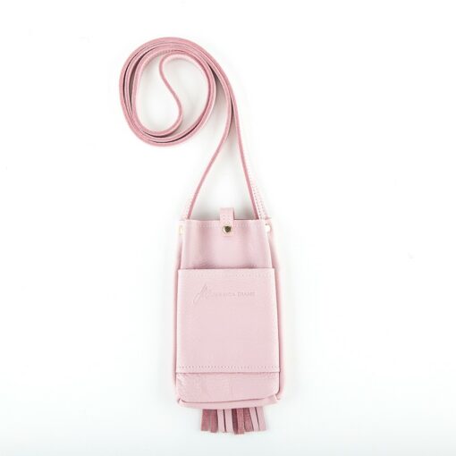 A pink purse with two pockets on the side.